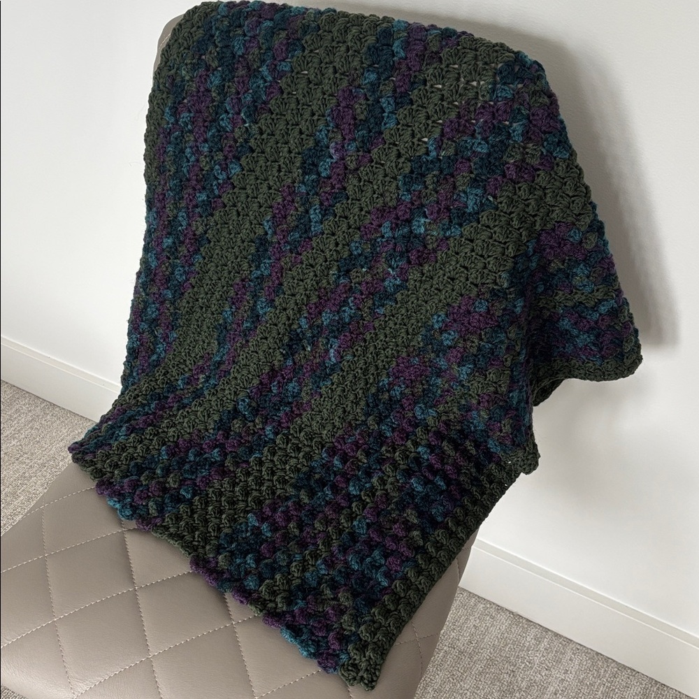 HANDKNIT vintage Cozy Knit lap Blanket loose knit baby blanket green blue small